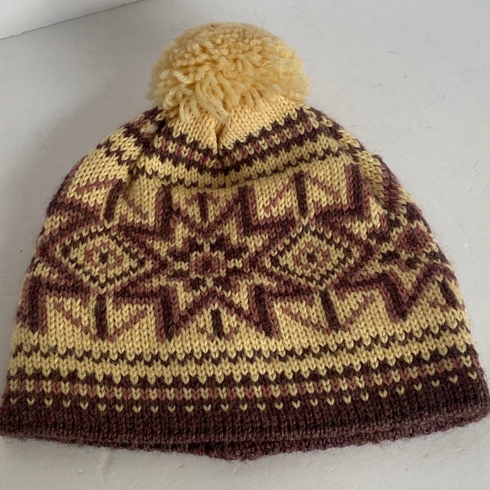 Dale of Norway Beanie Hat Unisex OS Brown Cream Excellent Wool Fair Isle Pom Pom